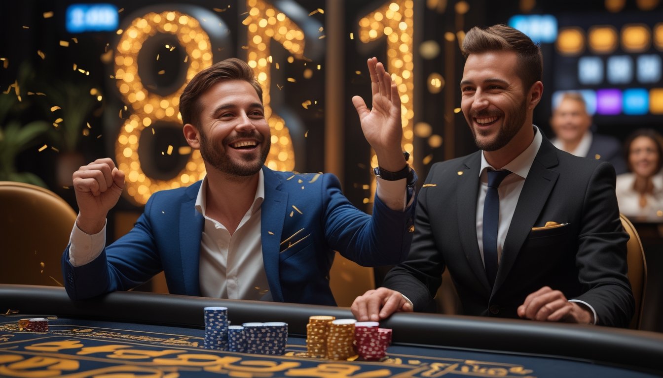 Seorang anggota kasino merayakan kemenangan jackpot besar di meja kasino bersama dealer.