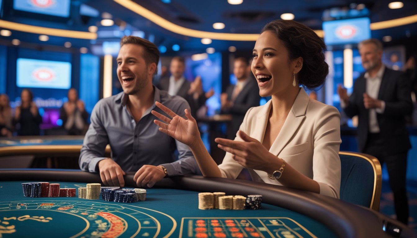 Seorang pemain dewasa merayakan kemenangan jackpot besar di meja kasino live bersama dealer dan penonton.