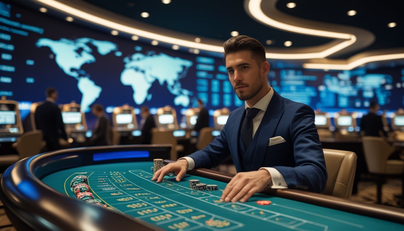 Dealer profesional memandu permainan roulette di studio kasino live modern dengan tampilan peta dunia abstrak di latar belakang.