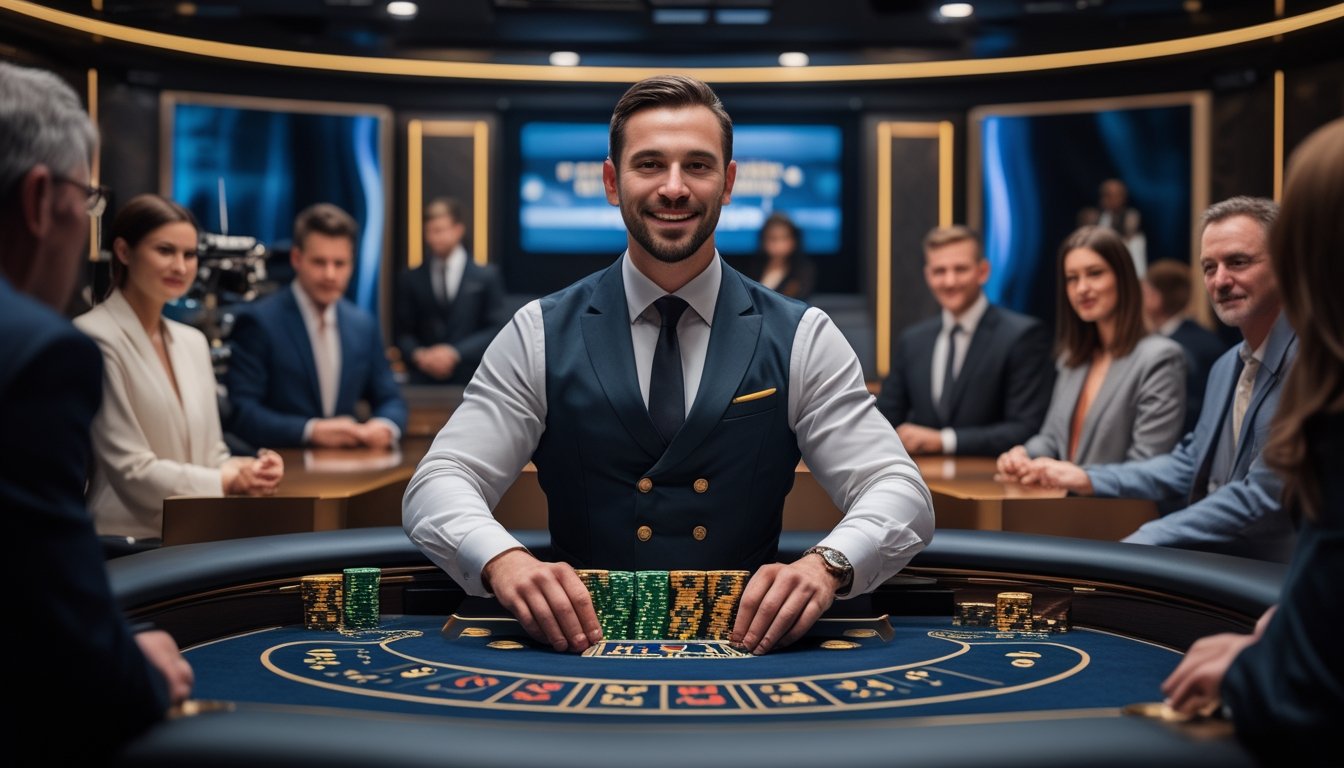 Dealer profesional memandu permainan kasino langsung di studio modern dengan meja permainan, kartu, roda roulette, dan keping kasino.