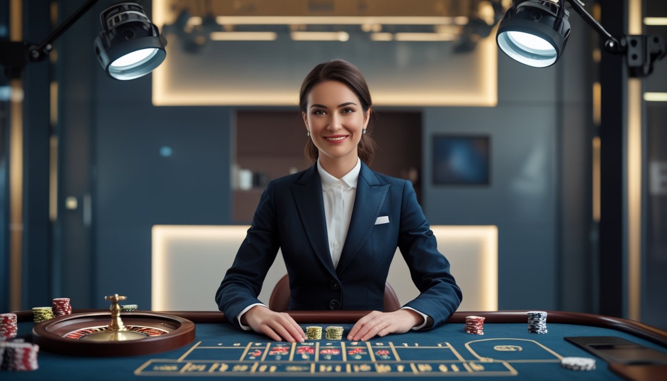 Seorang dealer profesional berada di meja kasino live dengan roda roulette, kartu, dan keping taruhan di studio modern.