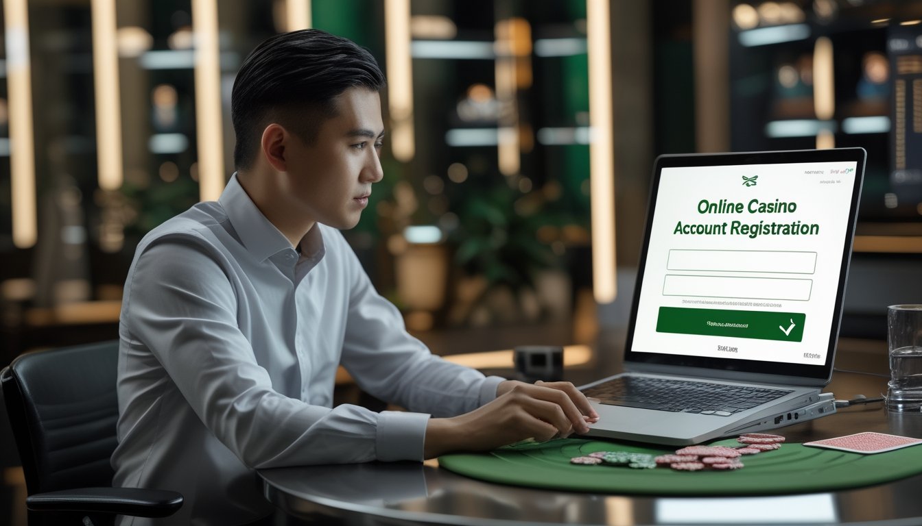 Orang dewasa menggunakan laptop dan ponsel untuk mendaftar akun kasino dengan latar suasana kasino yang elegan.