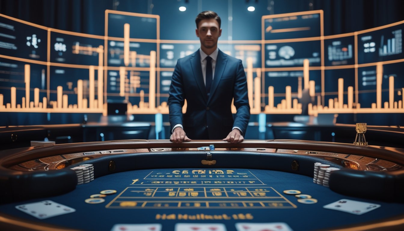Pemandu kasino live berada di meja roulette dengan grafik analitik abstrak bercahaya di latar belakang.