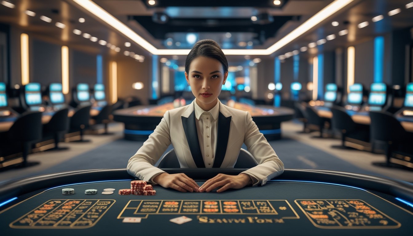 Dealer profesional berada di meja kasino live dengan kartu, roda roulette, dan beberapa area permainan di studio modern.