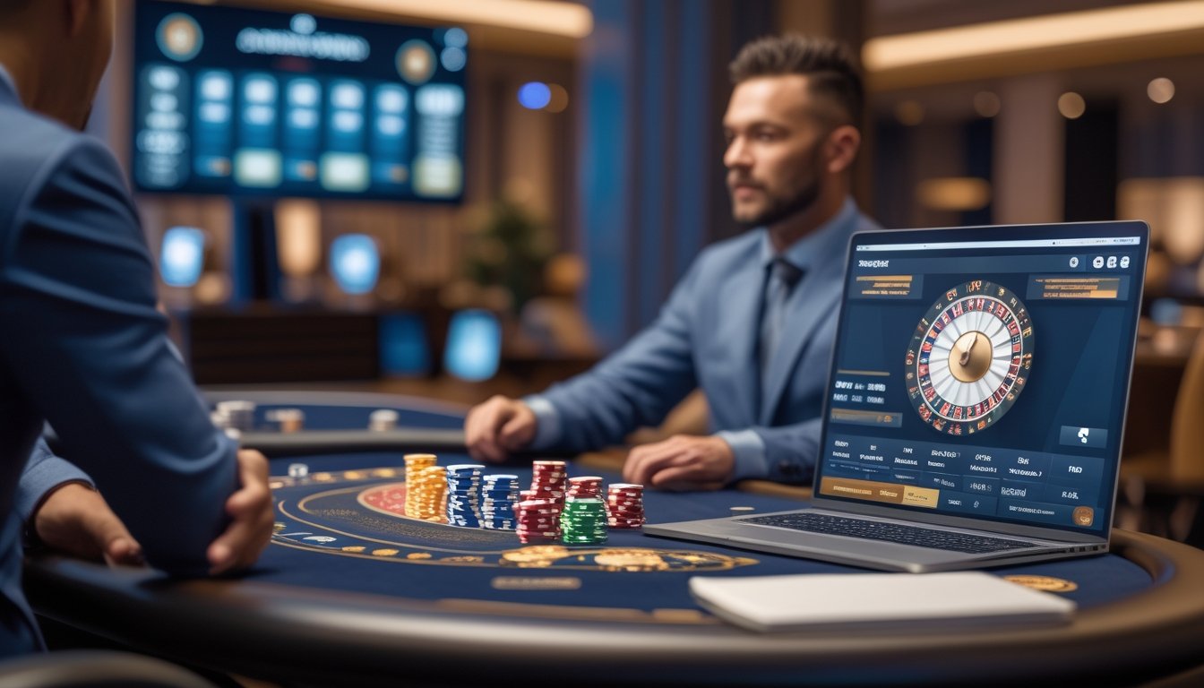 Seorang pemain dewasa mempelajari permainan kasino langsung bersama dealer di meja roulette modern.