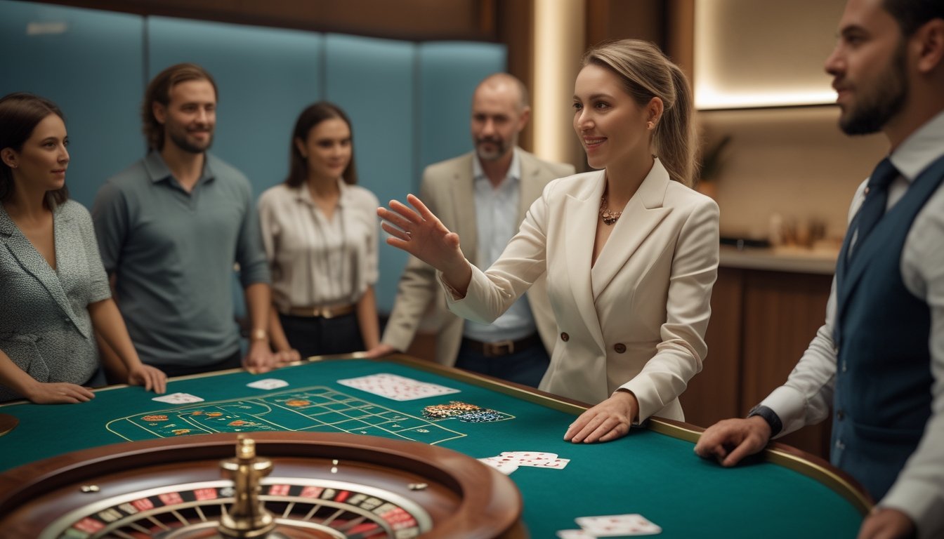 Seorang dealer menjelaskan permainan roulette kepada beberapa pemula di studio kasino modern.