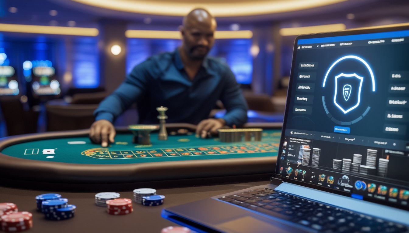 Seseorang menggunakan perangkat digital di lounge kasino modern dengan meja roulette dan koneksi jaringan bercahaya.