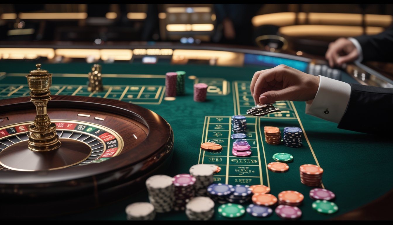 Meja kasino langsung dengan roda roulette, kartu baccarat, keping taruhan, dan tangan bandar.