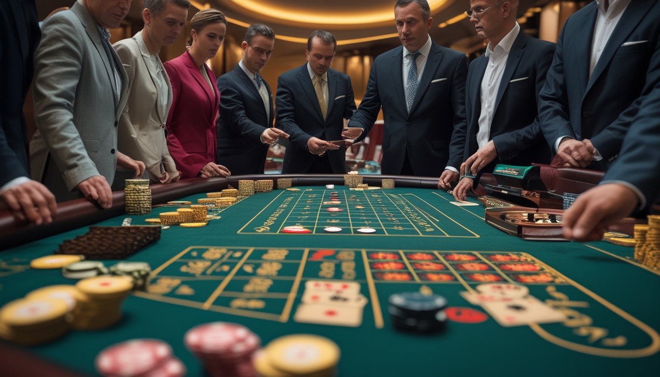 Pemain dewasa mengamati permainan baccarat dan roulette di meja kasino dengan dealer profesional.