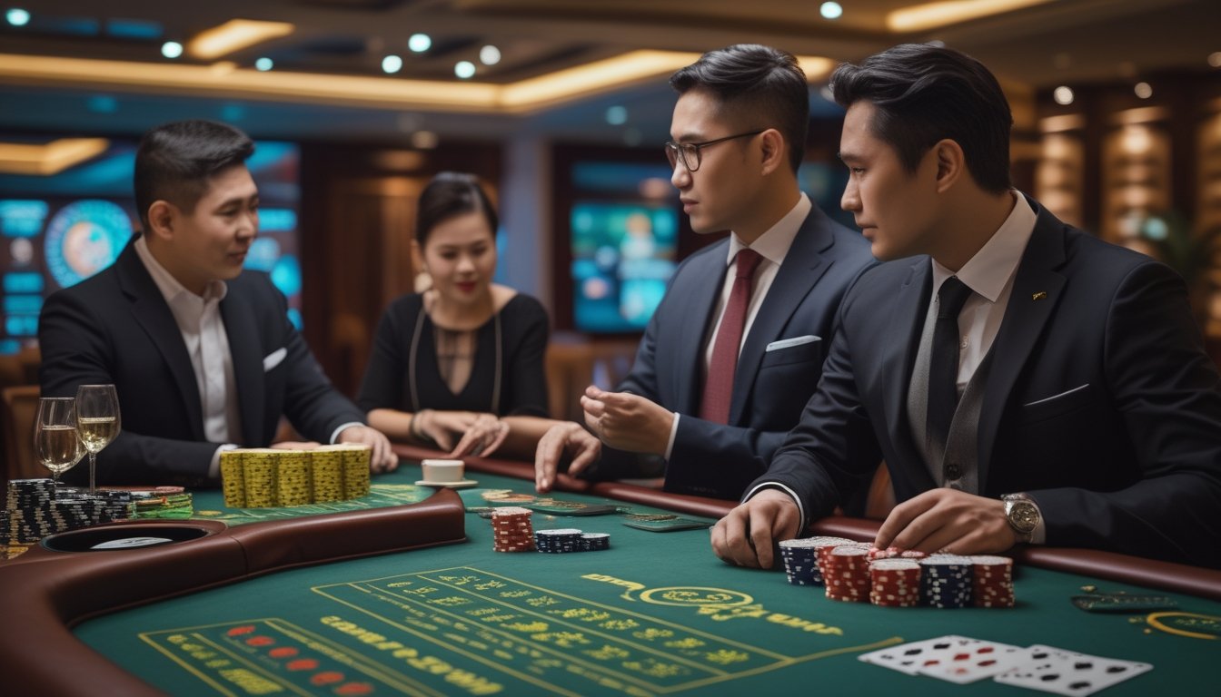 Suasana kasino modern dengan dealer dan pengunjung dewasa di meja permainan.