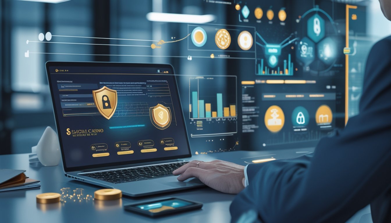 Analis keamanan meninjau platform kasino daring dengan simbol perlindungan digital dan keadilan.