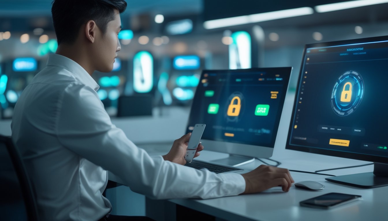 Seorang profesional mengelola transaksi digital yang aman menggunakan laptop dan ponsel di meja kerja modern.