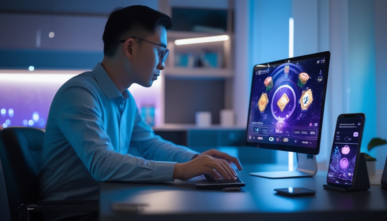 Orang dewasa menggunakan laptop dan ponsel dengan tampilan permainan digital di ruang kerja modern.
