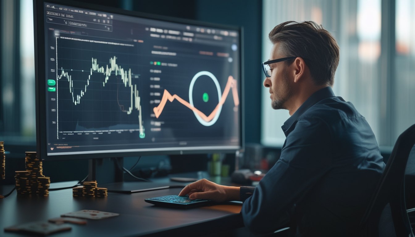 Seorang analis mempelajari grafik abstrak di monitor dengan kartu, keping kasino, dan roda roulette di meja.