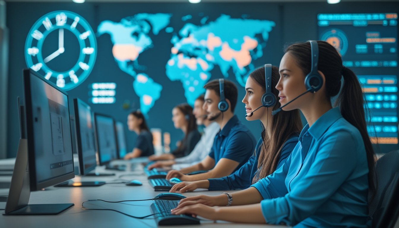 Tim layanan pelanggan bekerja sepanjang waktu di pusat dukungan online dengan komputer dan headset.