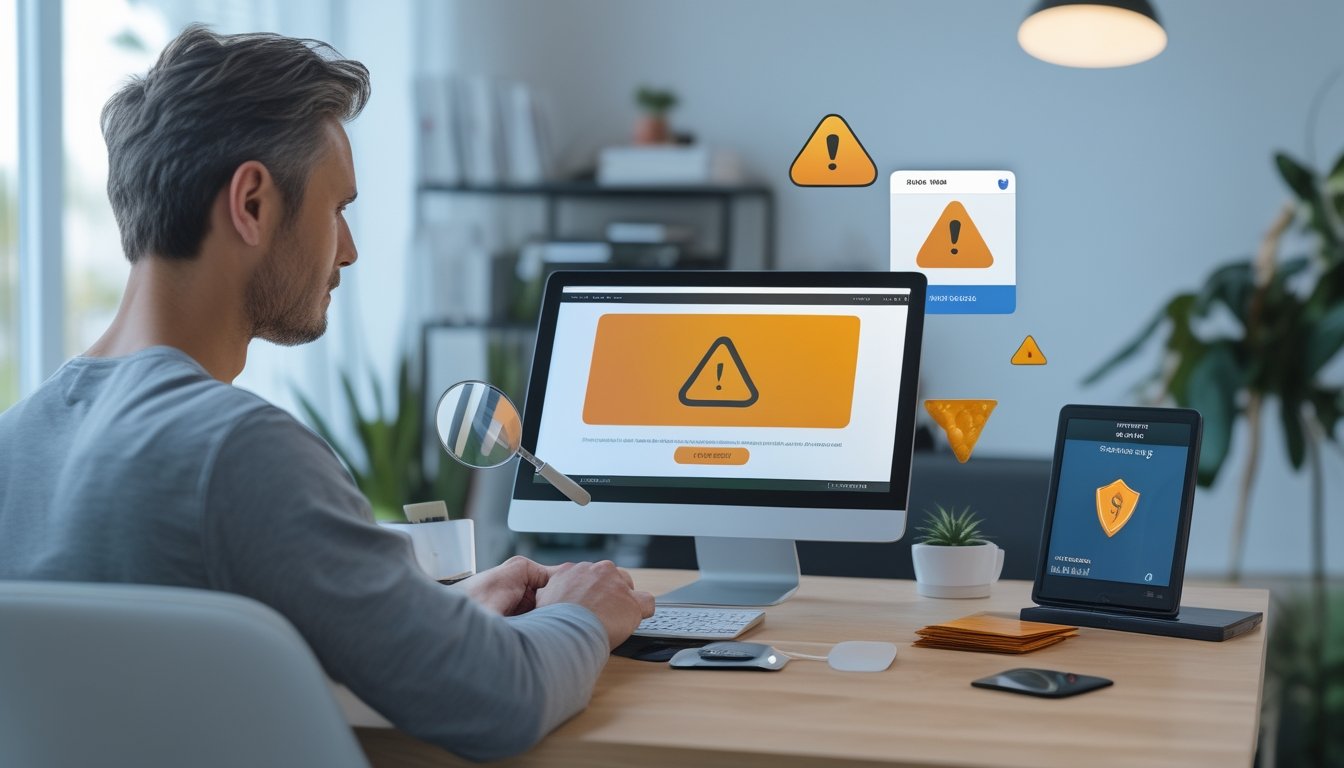 Seseorang memeriksa platform taruhan daring dengan hati-hati di laptop, disertai simbol peringatan keamanan dan perlindungan data.