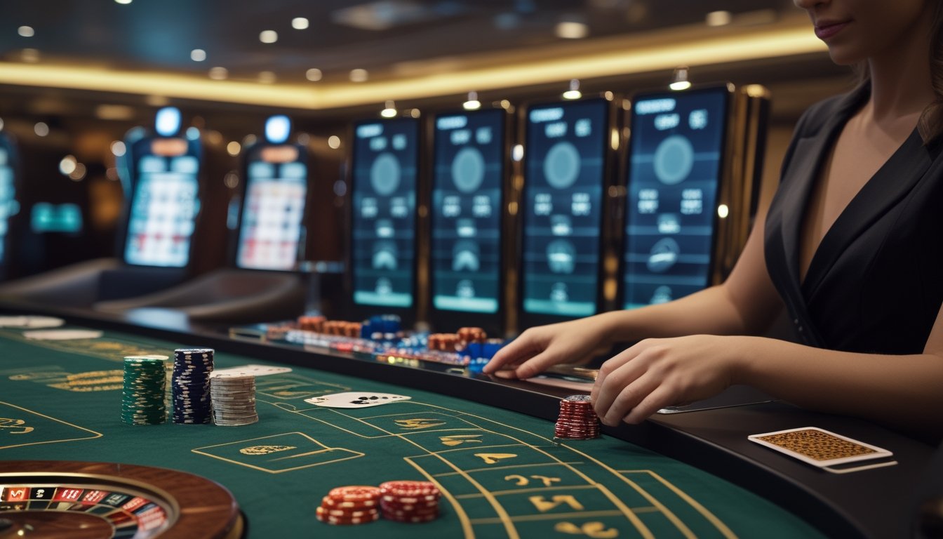 Meja kasino modern dengan roda roulette, kartu, keping, dan dadu di dalam ruangan yang elegan.