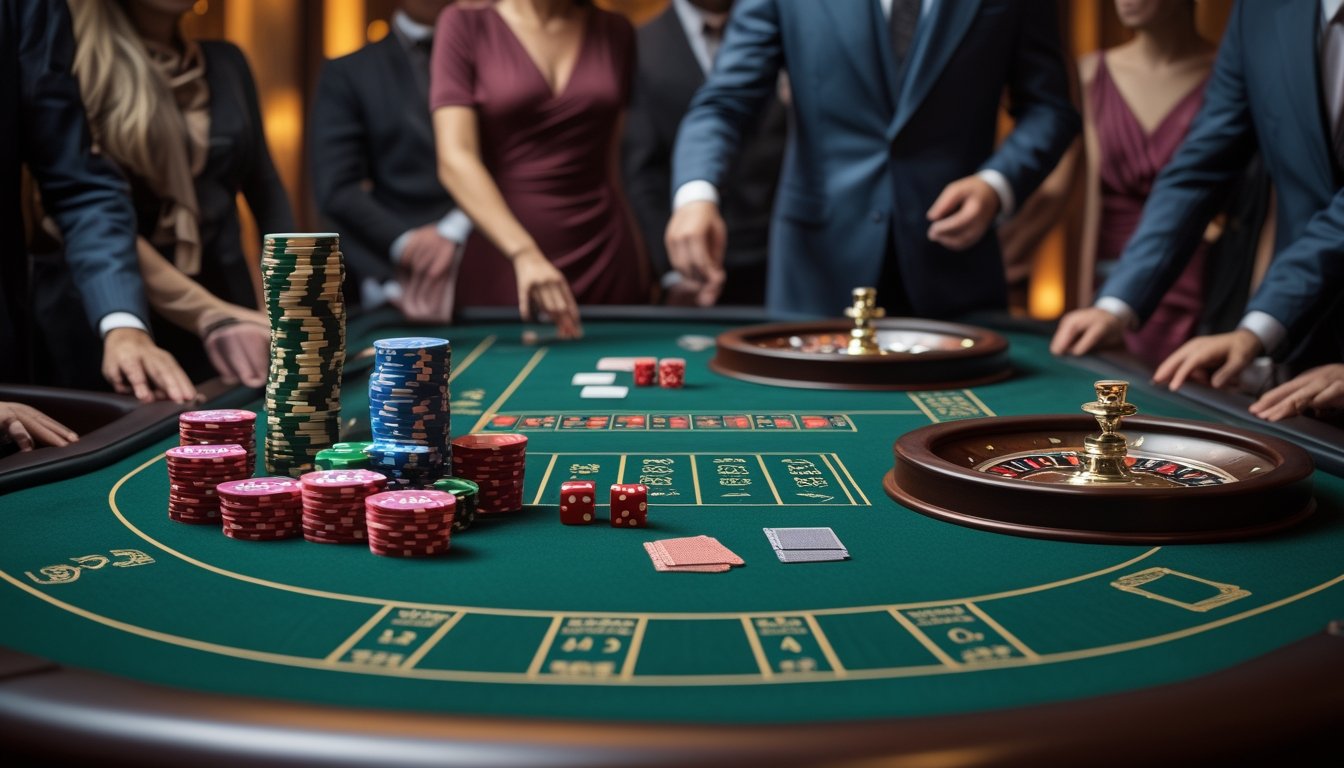 Meja kasino dengan kartu, keping taruhan, roda roulette, dan dadu, disertai pemain serta bandar di ruangan kasino modern.