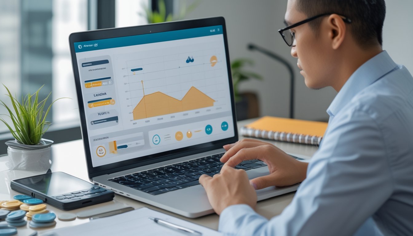 Seorang profesional mempelajari data angka pada laptop di meja kerja dengan kalkulator dan buku catatan.