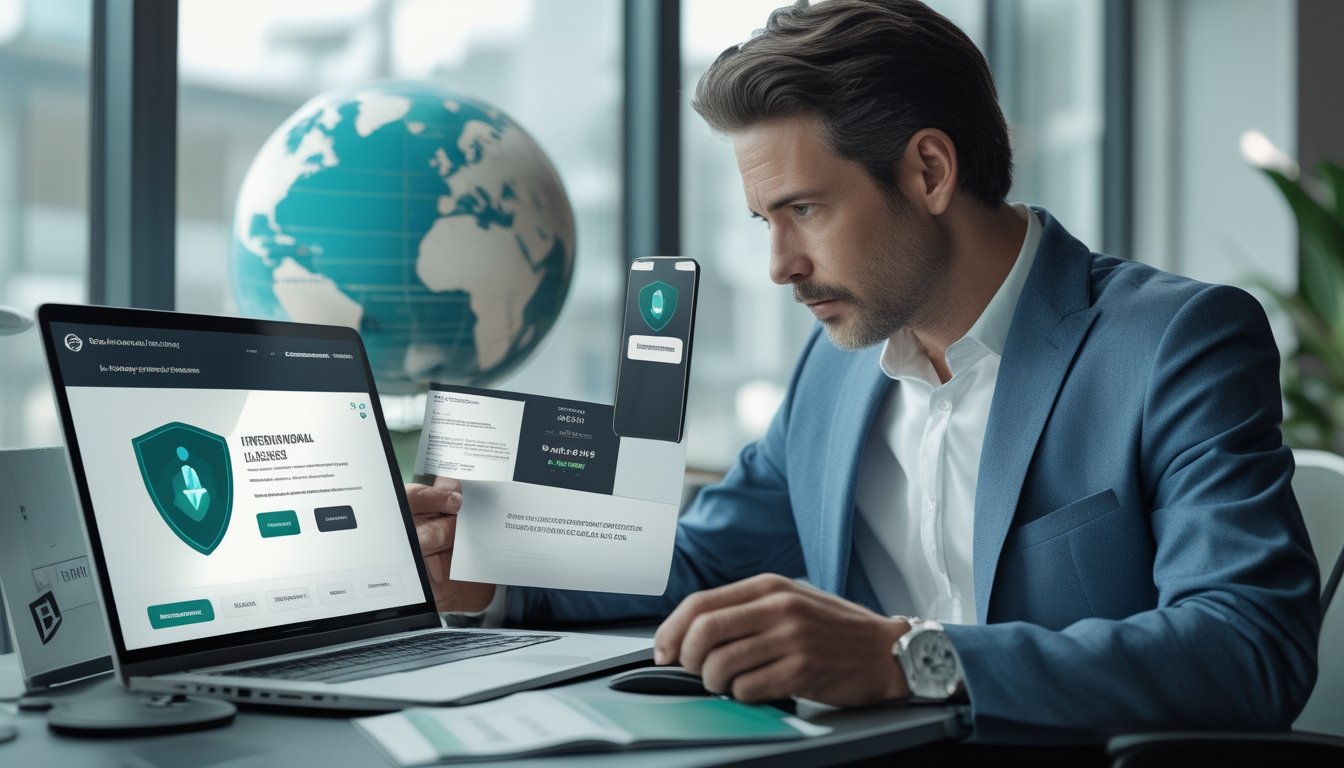 Seorang profesional memeriksa platform digital dengan simbol keamanan, sertifikat, dan globe di ruang kerja modern.
