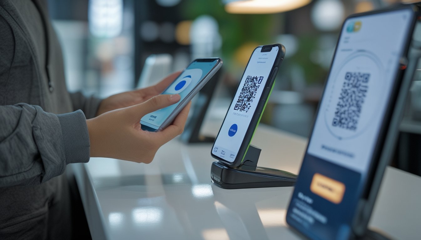 Seseorang menggunakan ponsel untuk melakukan pembayaran digital melalui kode QR di sebuah gerai modern.