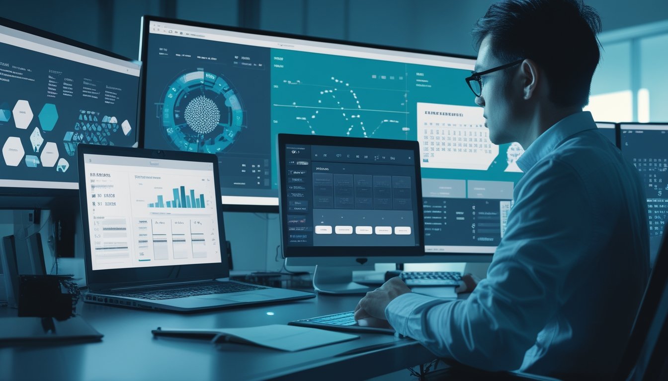 Seorang analis mempelajari grafik data abstrak di ruang kerja modern.
