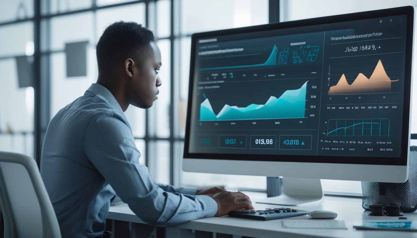 Seorang analis mempelajari grafik dan pola data pada layar komputer di kantor modern.