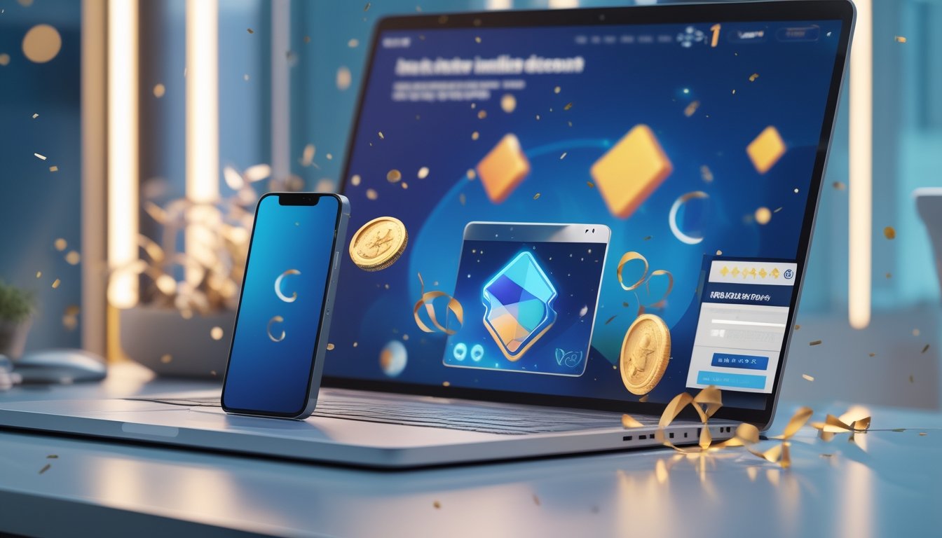 Ponsel dan laptop menampilkan antarmuka hiburan digital abstrak di atas meja modern dengan dekorasi perayaan.