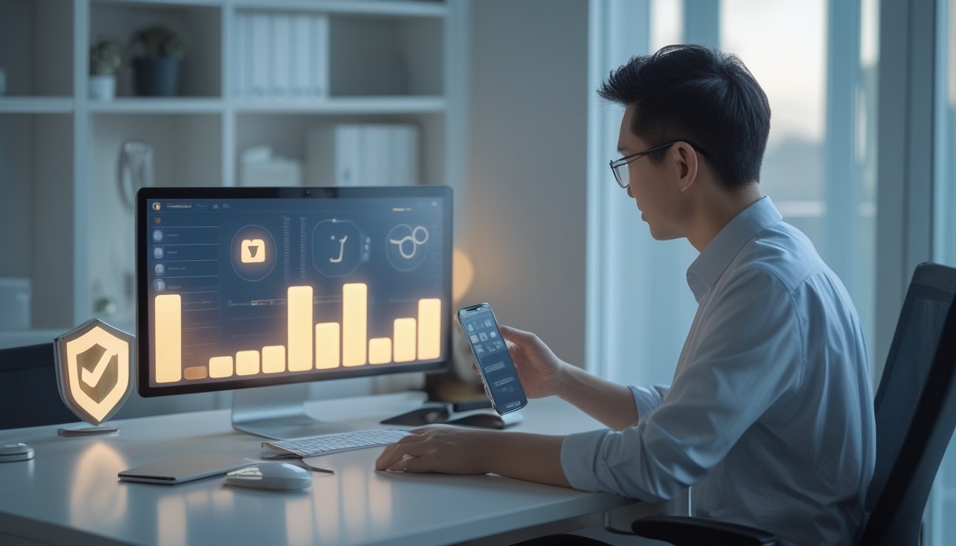 Orang dewasa meninjau informasi digital pada laptop dan ponsel di ruang kerja modern.