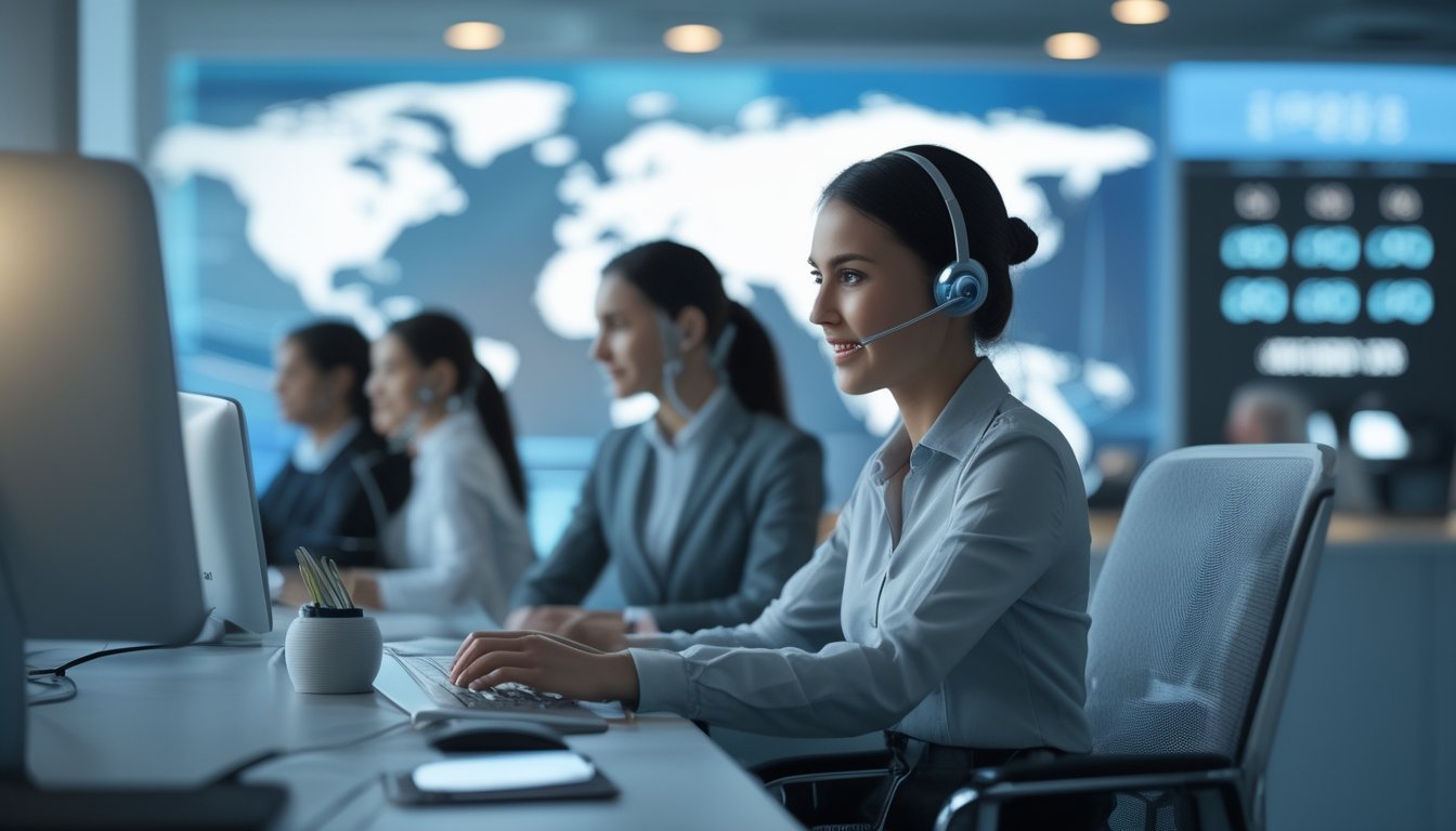 Petugas layanan pelanggan memakai headset membantu pengguna melalui komputer di kantor modern.