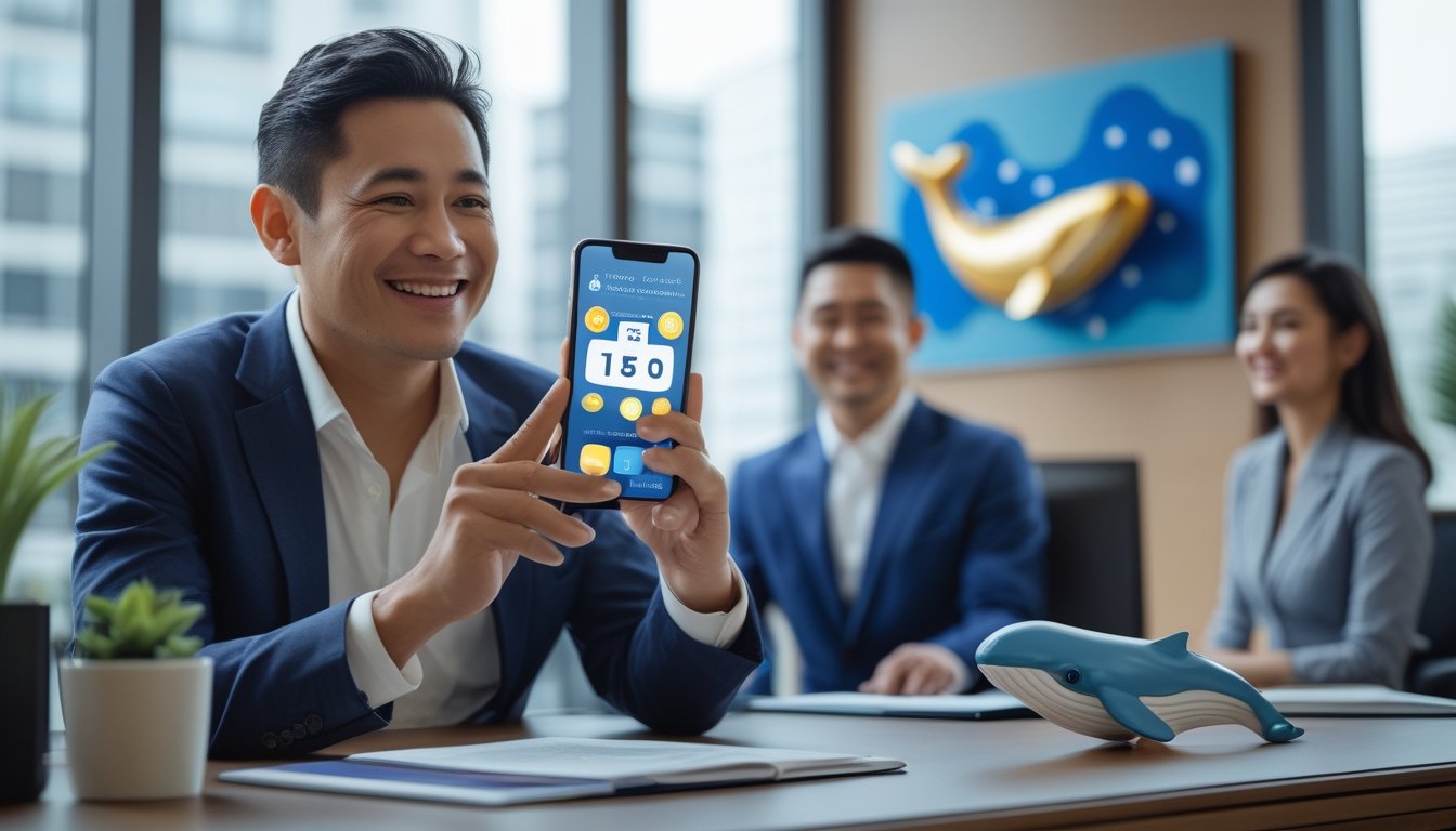Seorang pelanggan tersenyum memegang ponsel di ruang kantor modern dengan dekorasi paus bernuansa biru.