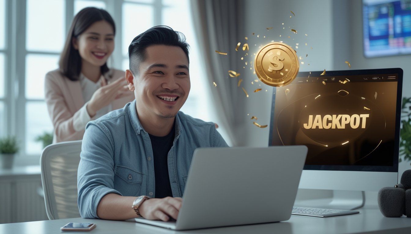 Seorang anggota tersenyum melihat hasil kemenangan di laptop, dengan orang lain memberi ucapan selamat.