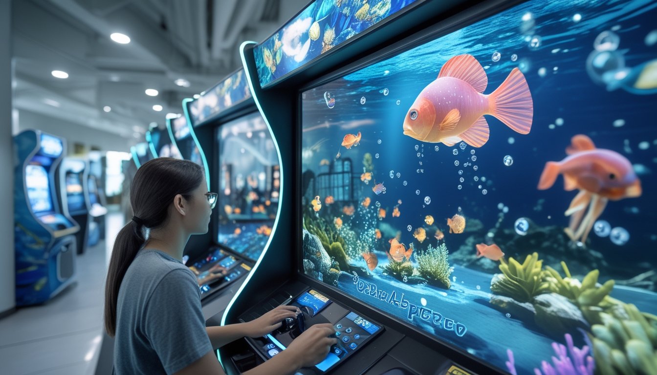 Pemain mengoperasikan permainan arcade bertema dunia bawah laut dengan ikan berwarna-warni.
