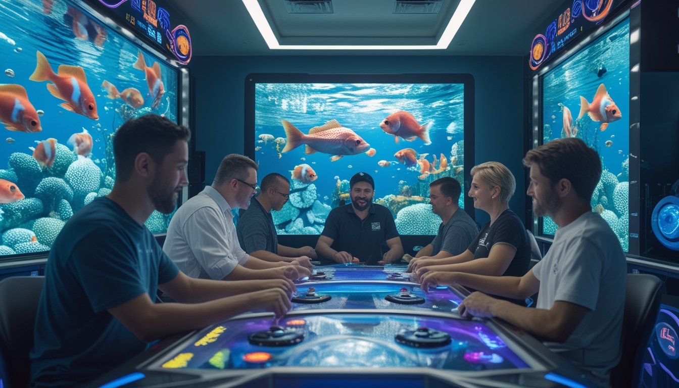 Orang dewasa bermain permainan tembak ikan di arena arkade dengan layar akuarium berisi ikan warna-warni.