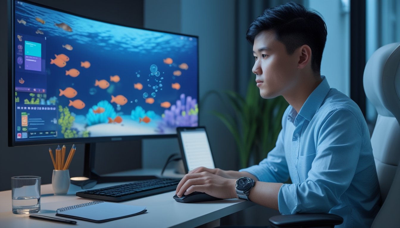 Seseorang duduk di depan komputer dengan permainan ikan digital, sambil memperhatikan perlengkapan untuk mengatur waktu dan anggaran.