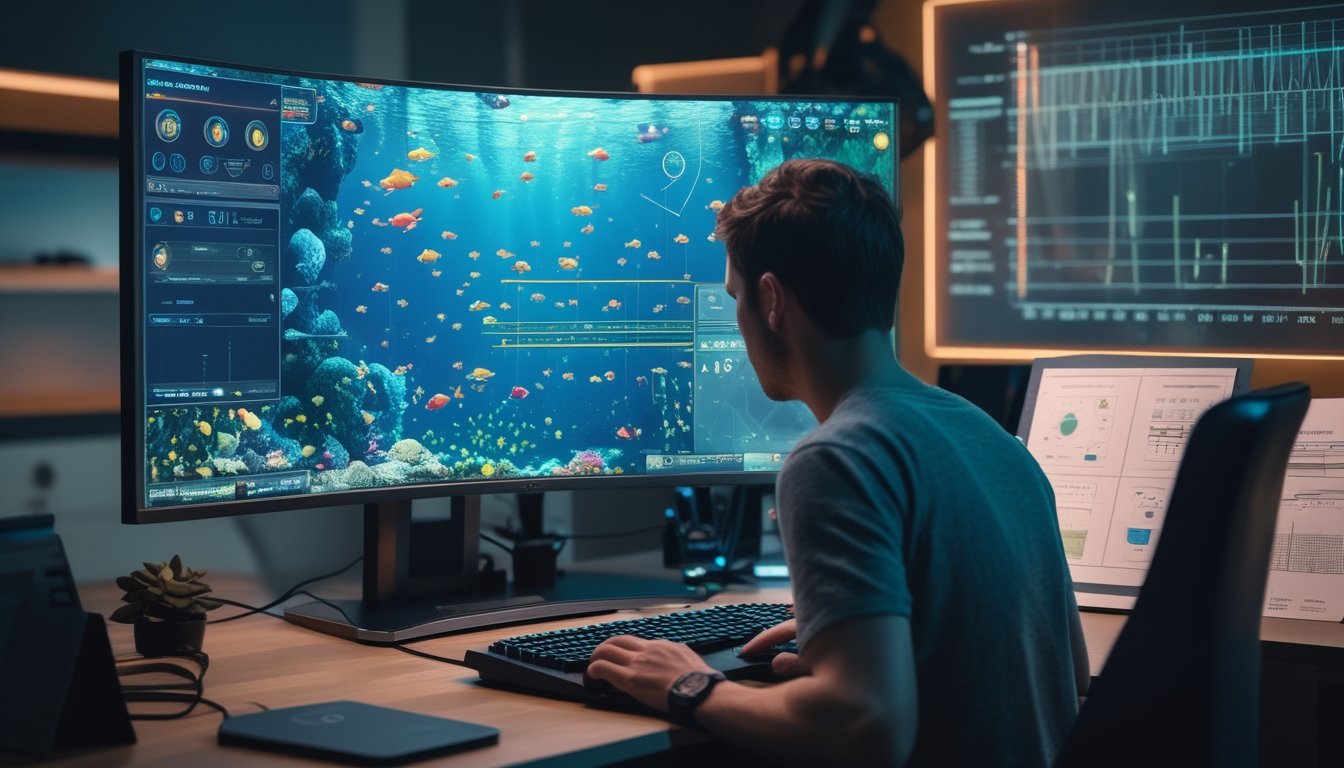 Seseorang menganalisis permainan tembak ikan digital di depan monitor dengan grafik dan elemen bawah laut.