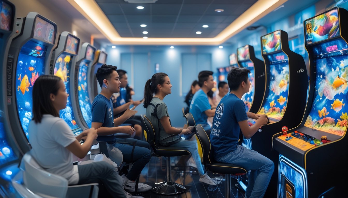 Sekelompok gamer Indonesia bermain gim tembak ikan di sebuah pusat permainan modern.
