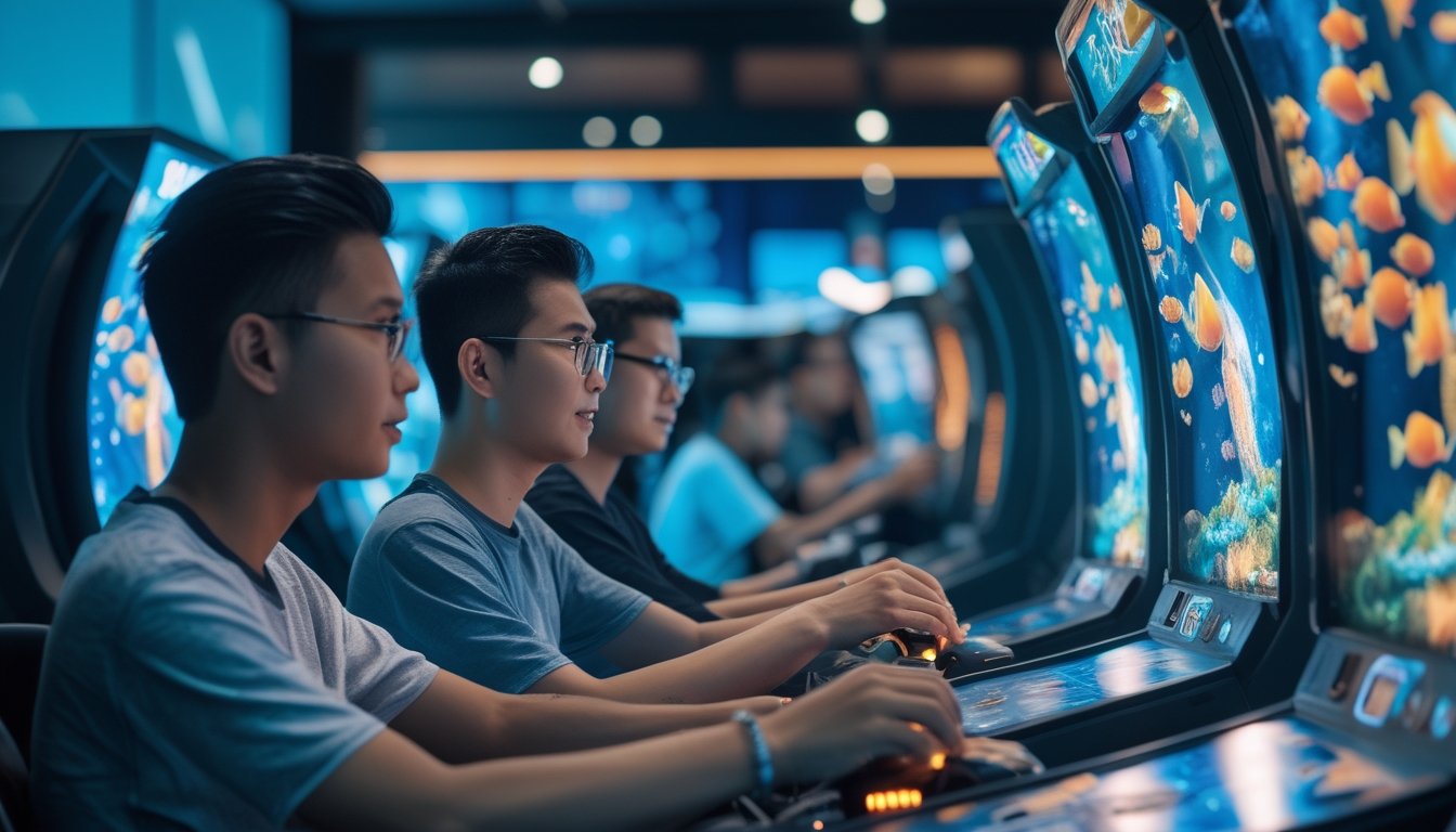 Sekelompok gamer Indonesia memainkan permainan tembak ikan di ruang hiburan modern.