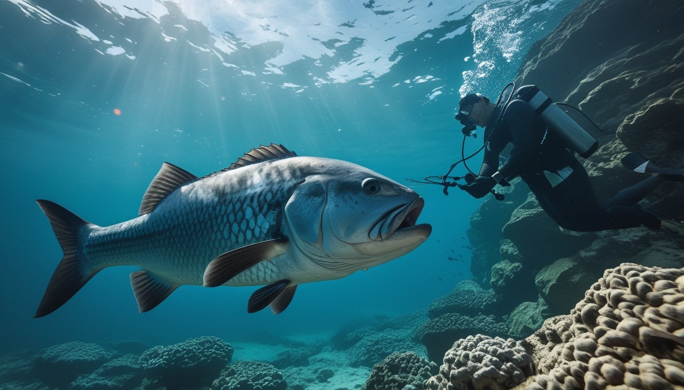 Seekor ikan besar berenang di dekat terumbu karang sementara penyelam mengamatinya dengan peralatan selam.