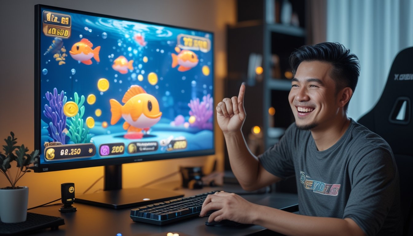 Seorang pemain dewasa tersenyum merayakan kemenangan besar dalam permainan tembak ikan online di depan komputer.