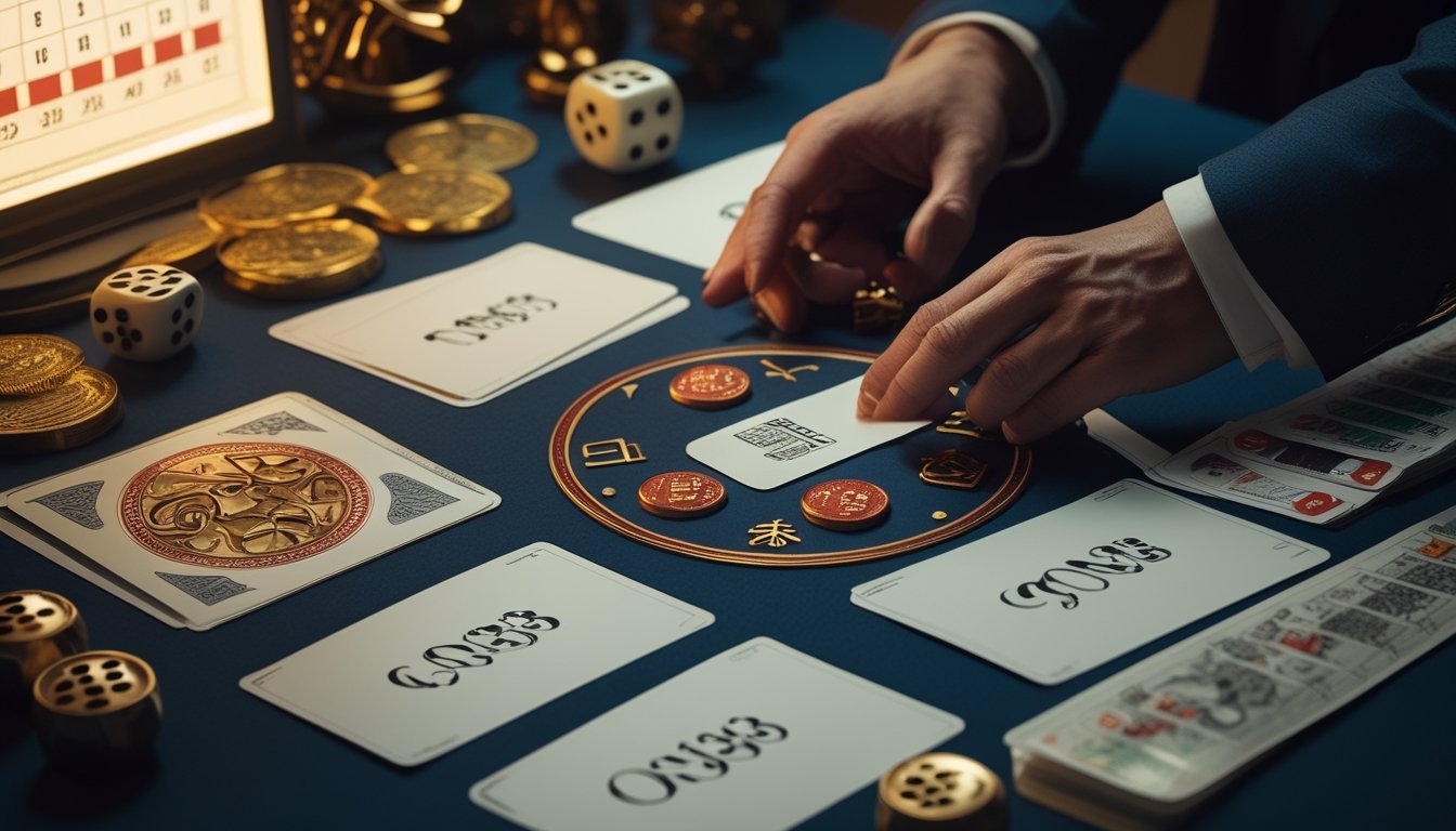 Tangan seseorang menata kartu kosong, koin, dadu, dan simbol zodiak di atas meja bernuansa merah dan emas.