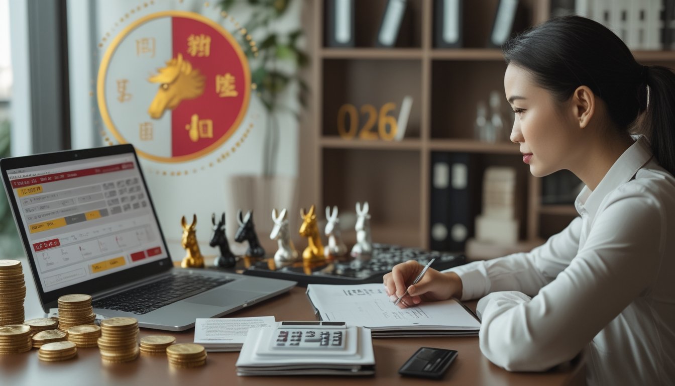 Seseorang menganalisis simbol zodiak Tionghoa dan data peluang di meja kerja modern.