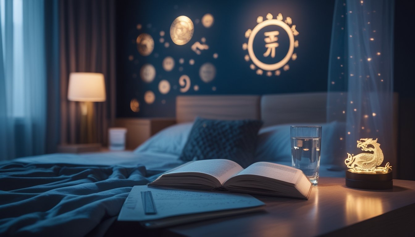 Meja samping tempat tidur dengan jurnal mimpi dan susunan figur hewan zodiak Tionghoa dalam suasana malam yang tenang.