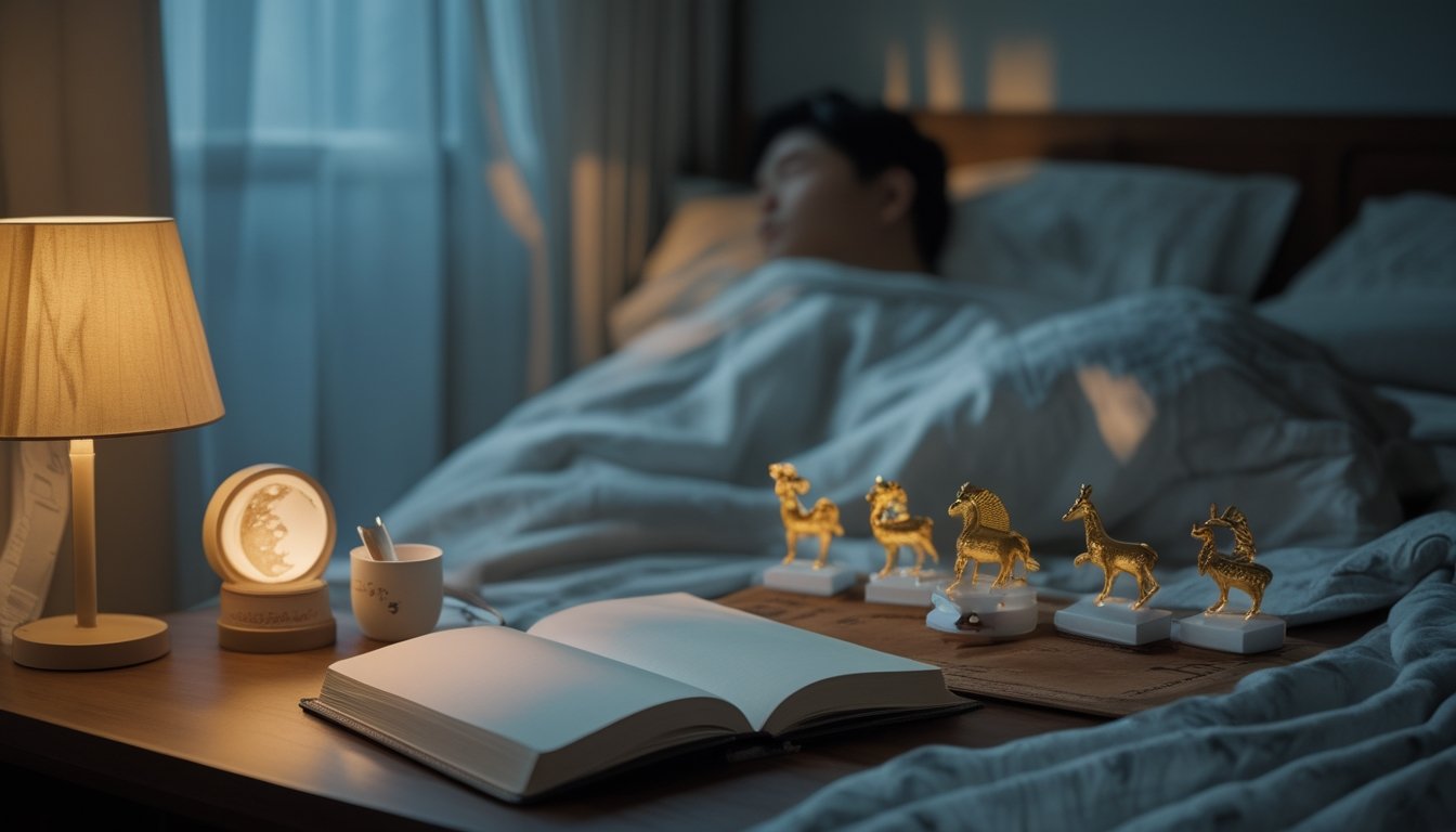 Kamar tidur saat fajar dengan seseorang sedang tidur, jurnal kosong, lampu meja, dan dua belas patung hewan zodiak tersusun di meja samping tempat tidur.