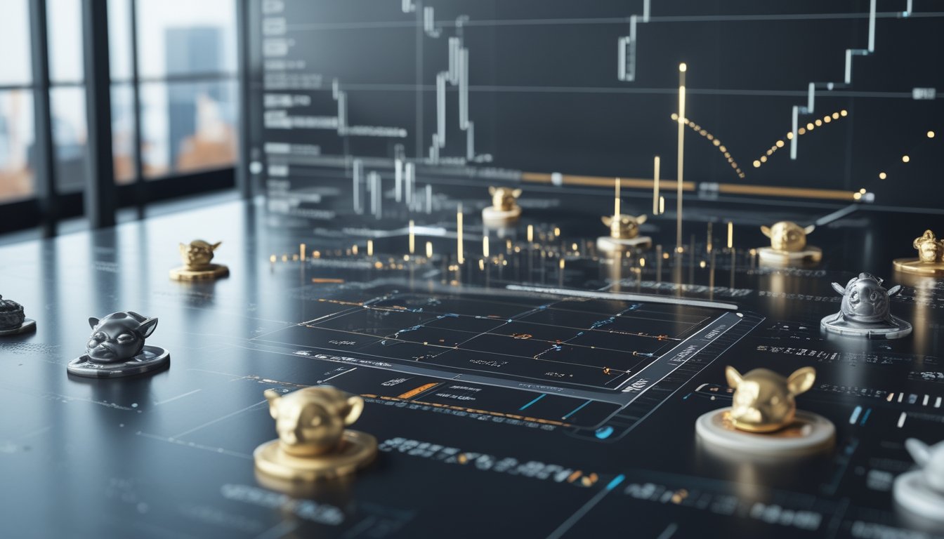 Tampilan analisis data dengan grafik abstrak dua dimensi dan patung hewan zodiak Tionghoa tiga dimensi di ruang kerja modern.