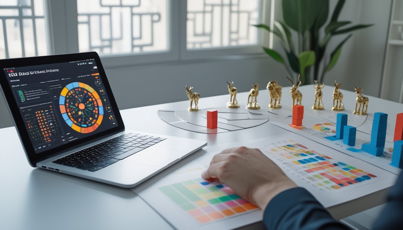 Meja kerja modern dengan laptop, grafik abstrak, simbol zodiak Tionghoa, dan bentuk geometris untuk menggambarkan analisis pola angka.