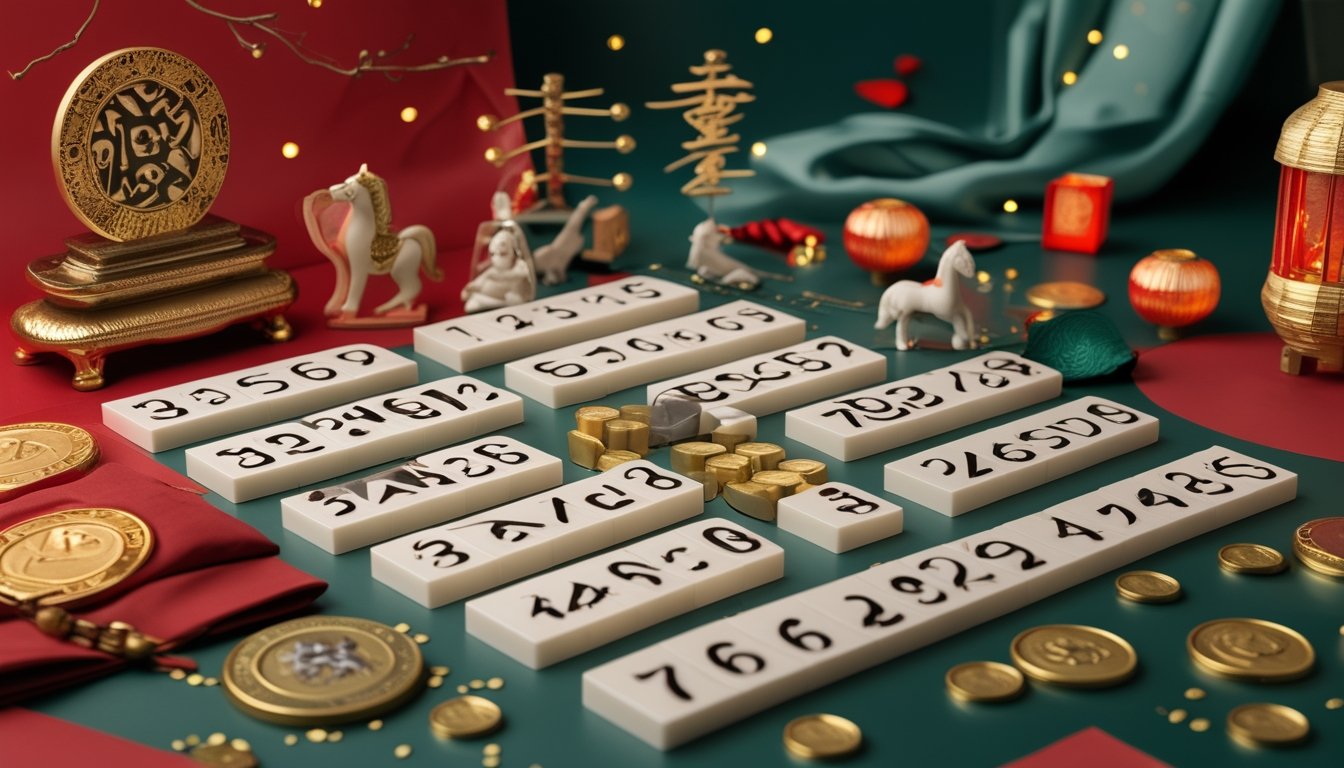Susunan ubin angka dan simbol zodiak Tionghoa dengan ornamen merah dan emas di atas meja.