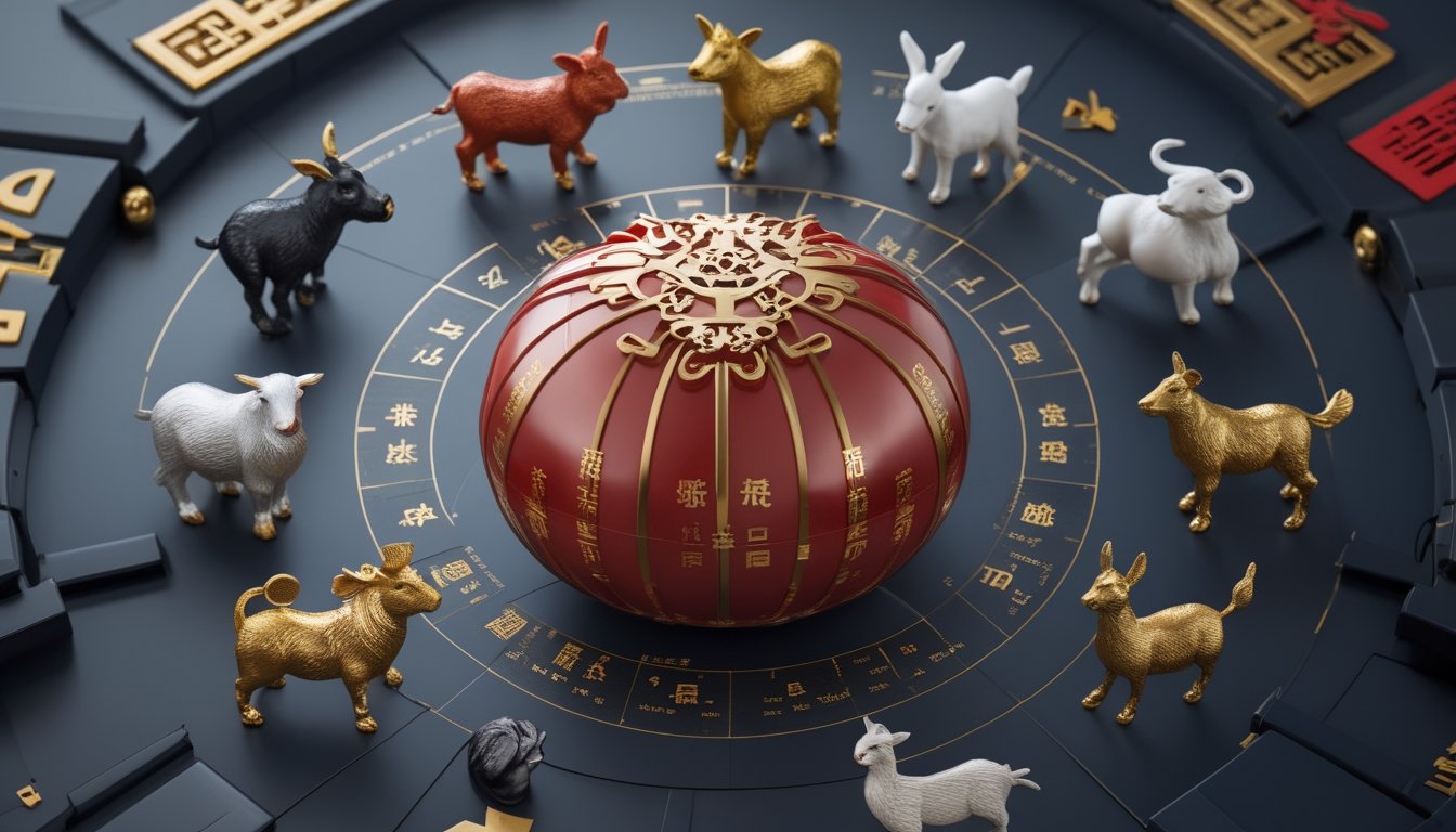 Dua belas hewan zodiak Tionghoa mengelilingi simbol dekoratif dengan elemen visual analisis data.