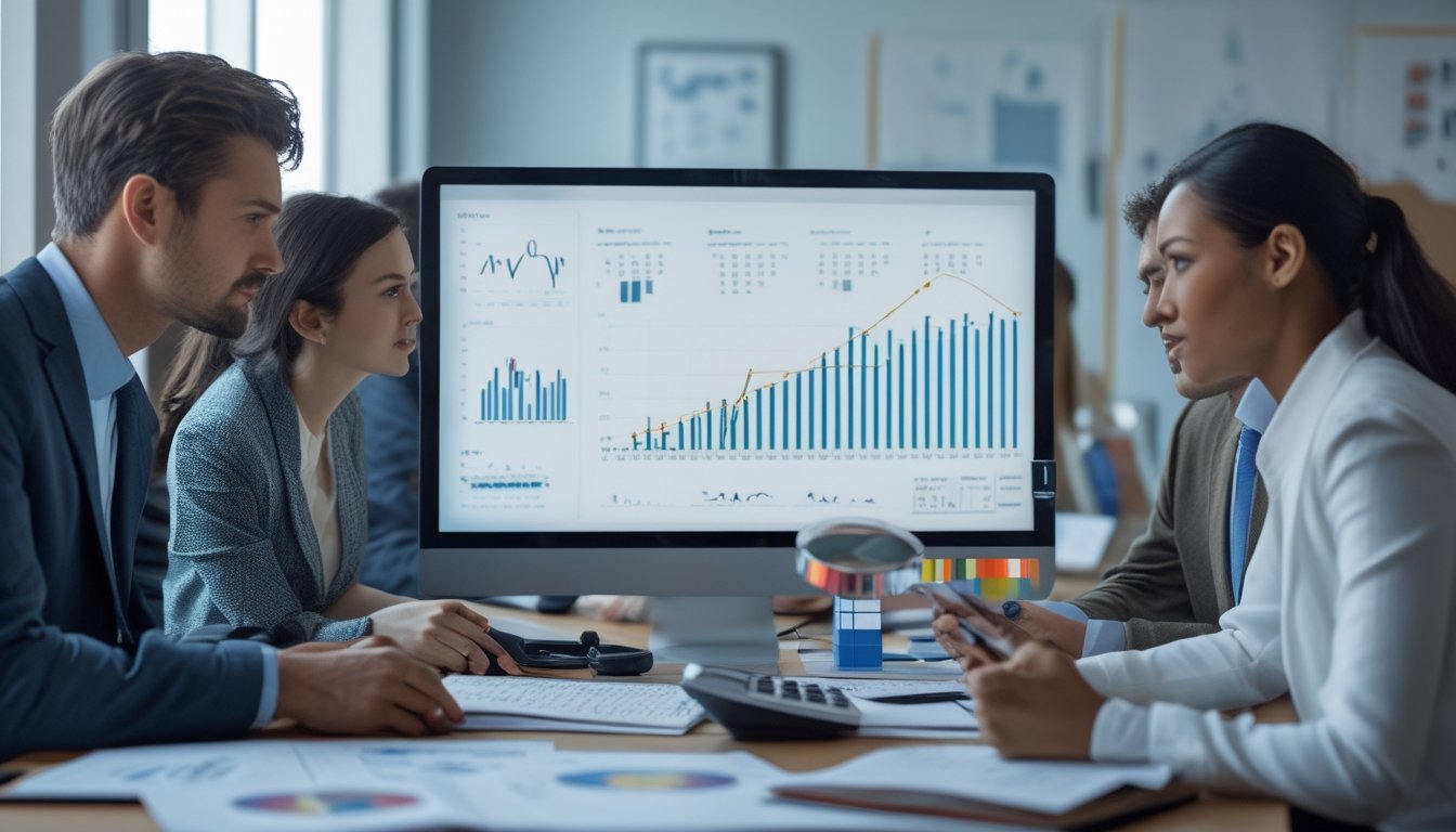 Tim analis meninjau grafik tren tahunan dan data statistik di ruang kerja modern.