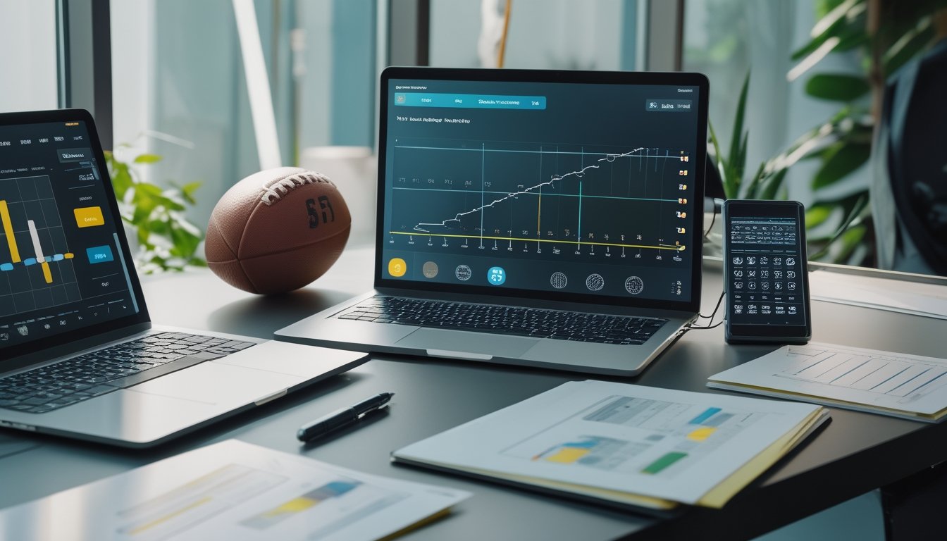 Meja kerja modern dengan laptop, tablet, bola sepak, dan grafik analisis pertandingan yang tidak terbaca.